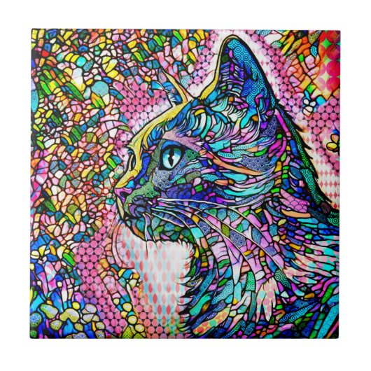 Multicolour Glas in lood Stijl Cat 706 Tegeltje (Voorkant)