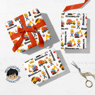 Multicultural Boy Construction Personalized Inpakpapier Vel