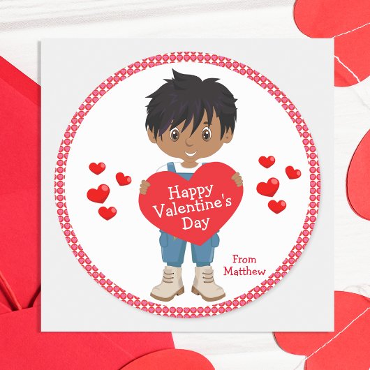 Multicultural Boy Happy Valentine's Day Ronde Sticker