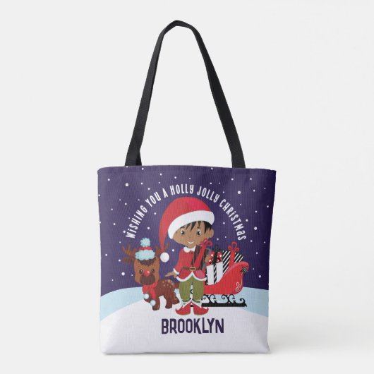 Multiculturele jongen gepersonaliseerde kerst Canv Tote Bag (Achterkant)