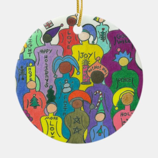 Multiculturele kerstcirkel, ornament-2, met inslag keramisch ornament (Voorkant)