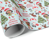 Multiculturele meisje elf kerst gepersonaliseerd cadeaupapier (Rol Hoek)