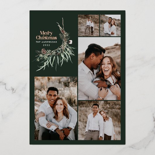 Multifoto elegante waterverf botanische donkergroe folie feestdagenkaart (Voorkant)