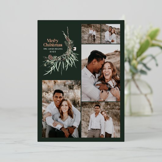 Multifoto elegante waterverf botanische donkergroe folie feestdagenkaart (Staand Voorkant)