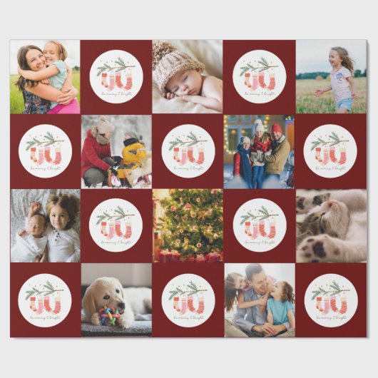 Multifoto Merry & Bright Family Pattern Kerstmis Cadeaupapier (Vlak)