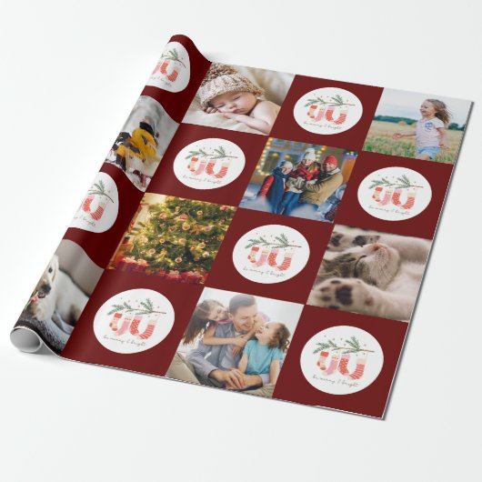 Multifoto Merry & Bright Family Pattern Kerstmis Cadeaupapier (Uitgerold)