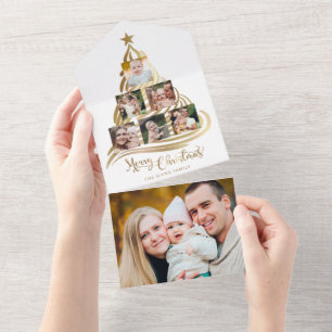 Multifoto van de moderne Faux Gold kerstboomfamili All In One Uitnodiging