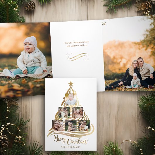 Multifoto van de moderne Faux Gold kerstboomfamili Drieluik Kaart