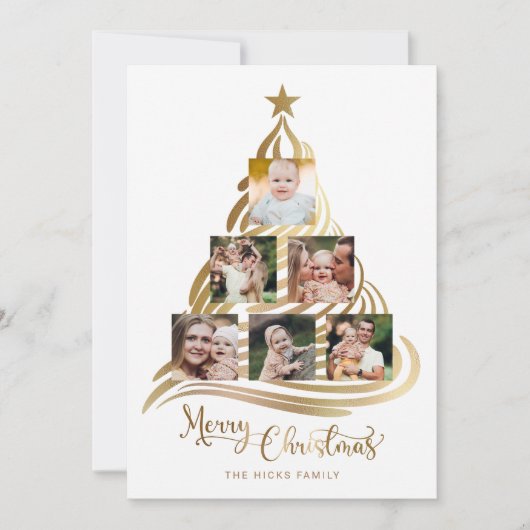 Multifoto van de moderne Faux Gold kerstboomfamili Feestdagenkaart (Voorkant)