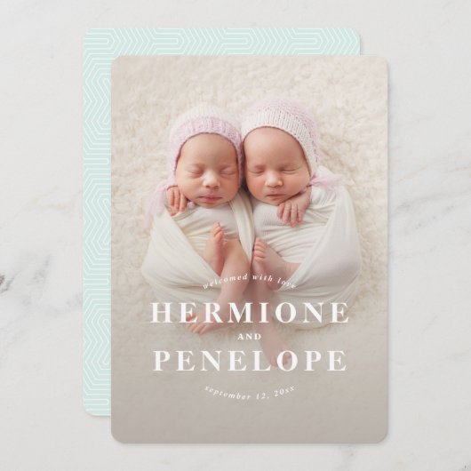 Multifotoreale tweeling in moderne geometrie + typ aankondiging (Voorkant / Achterkant)