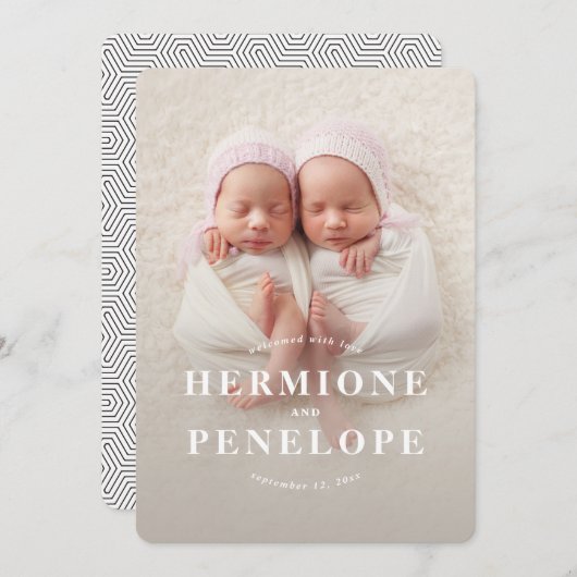 Multifotoreale tweeling in moderne geometrie + typ aankondiging (Voorkant / Achterkant)