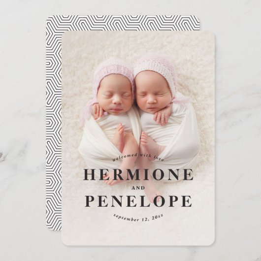 Multifotoreale tweeling in moderne geometrie + typ aankondiging (Voorkant / Achterkant)