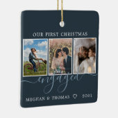 Multifoto's eerste kerstmis blauwe kaart keramisch ornament (Rechts)