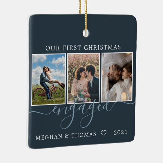 Multifoto's eerste kerstmis blauwe kaart keramisch ornament (Rechts)