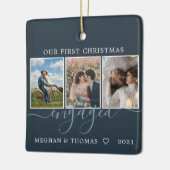 Multifoto's eerste kerstmis blauwe kaart keramisch ornament (Links)