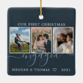 Multifoto's eerste kerstmis blauwe kaart keramisch ornament (Achterkant)