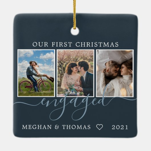 Multifoto's eerste kerstmis blauwe kaart keramisch ornament (Achterkant)