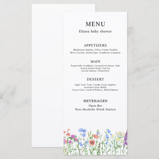 Multihued Wildflower Baby Shower Celebration Menu (Voorkant / Achterkant)