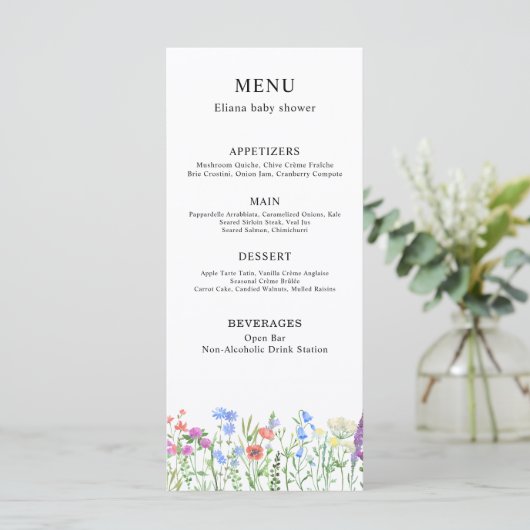 Multihued Wildflower Baby Shower Celebration Menu (Staand voorkant)