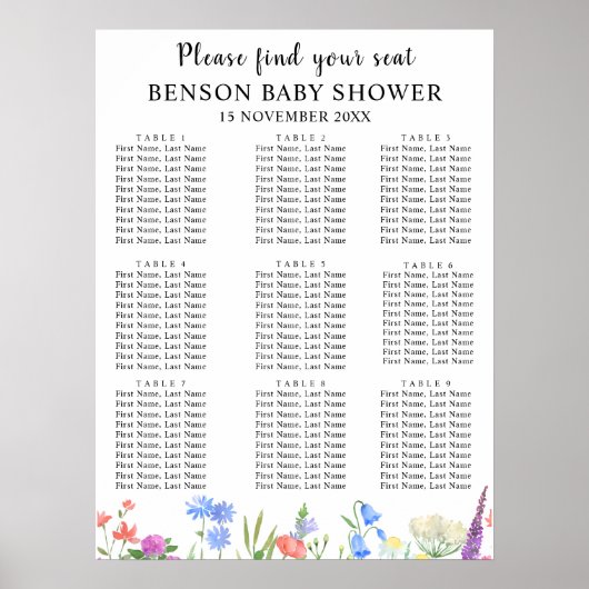 Multihued Wildflower Baby Shower Seating Charts Poster (Voorkant)