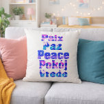 Multilingual Peace Typography with Pastel Hearts Kussen<br><div class="desc">Are you looking for a way to spread some positivity through out your home?  This throw pillow says peace in French,  Spanish,  English,  Polish and Dutch with letters that have a colorful pastel heart pattern.</div>