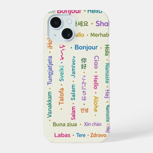 Multilinguale begroetingen iPhone 15 case (Achterkant)