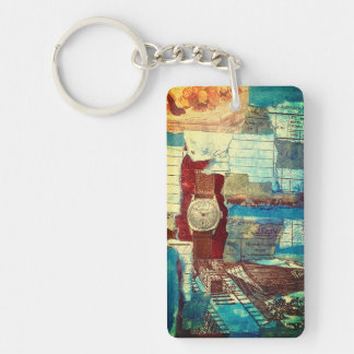 Multimedia Gescheurde Kunstcollage met Horloge Sleutelhanger