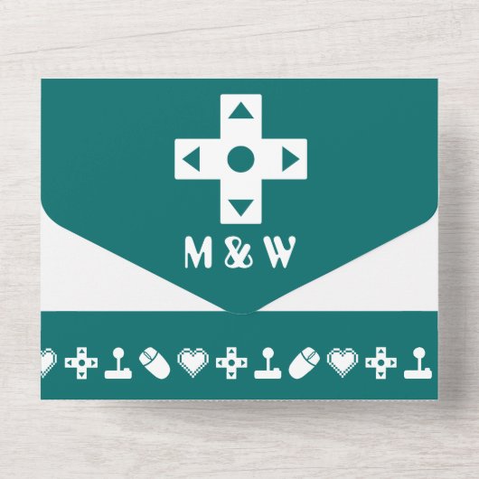 Multiplayer-modus in Blauwgroen All In One Uitnodiging (Achterkant)