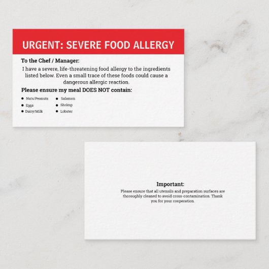 Multiple Food Allergy Alert Visitekaartje (Voorkant / Achterkant)