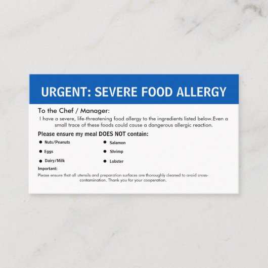 Multiple Food Allergy Alert Visitekaartje (Voorkant)