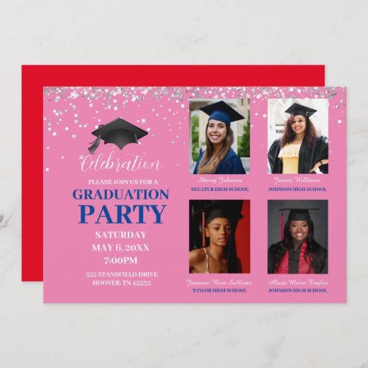 Multiple Fotoroze en blue Graduparty Kaart (Voorkant / Achterkant)