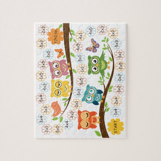 Multiplication practice board game, owl thema. legpuzzel (Verticaal)