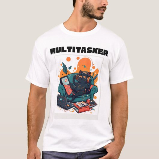 Multitasker Kat - Grappige Luie Game Kat T-shirt (Voorkant)