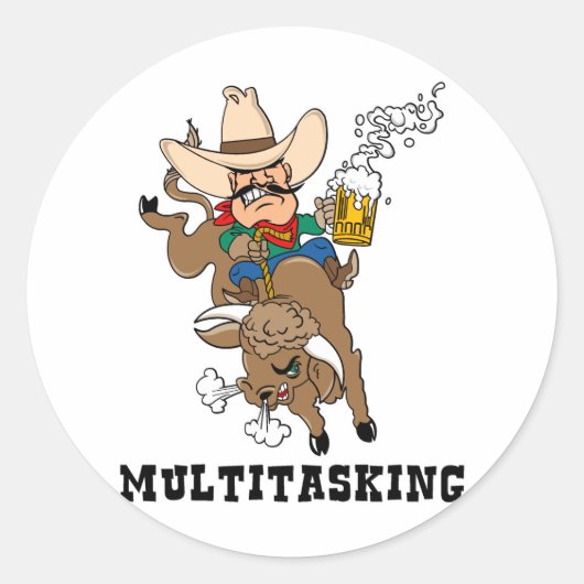 Multitasking Bull Rider Ronde Sticker (Voorkant)