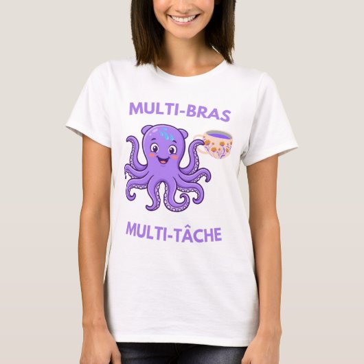 Multitasking Octopus met Koffie – Humor T-shirt (Voorkant)