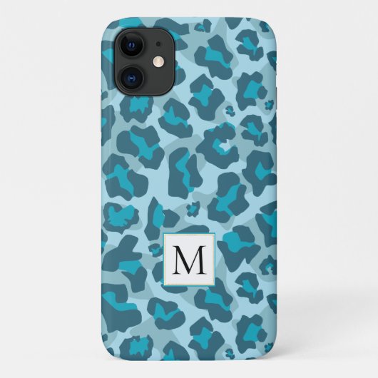 Multitone blauwe luipaard dierenprint en monogram Case-Mate iPhone case (Achterkant)
