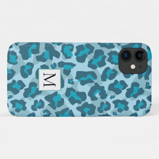 Multitone blauwe luipaard dierenprint en monogram Case-Mate iPhone case (Achterkant (horizontaal))