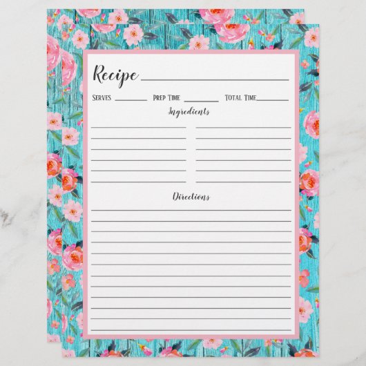 Multomap Rustic Pink Floral Aqua Wood Recipe Pagin (Voorkant / Achterkant)