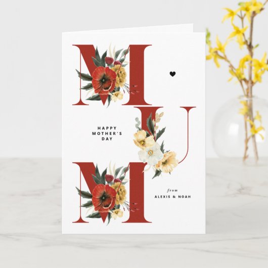 MUM Boho Flowers Rood Happy Moederdag Kaart (Gele Bloem)