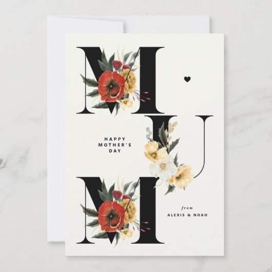MUM Boho Flowers Zwart Happy Moederdag Feestdagenkaart (Voorkant)
