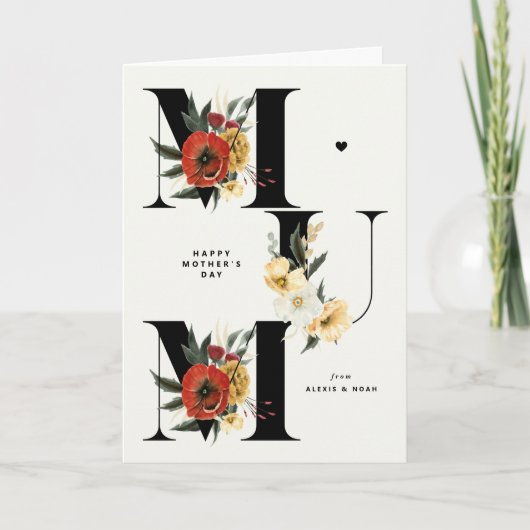 MUM Boho Flowers Zwart Happy Moederdag Kaart (Voorkant)