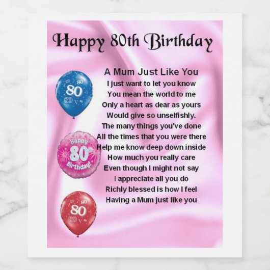 Mum Gedicht Wijnflesje Label - 80ste verjaardag Wijn Etiket (Enkel label)