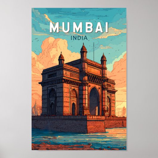 Mumbai India Illustration Travel Art Vintage Poster (Voorkant)