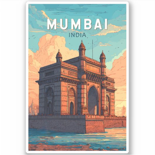 Mumbai India Illustration Travel Art Vintage Sticker (Voorkant)
