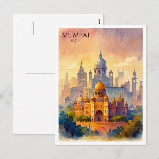Mumbai India Waterverf Briefkaart | reissouvenir (Voorkant / Achterkant)