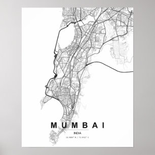 Mumbai Minimalistische Kaart (Zwart & Wit) Poster