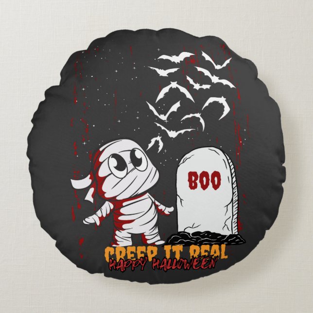 Mummie bij graf Boe Halloween Rond Kussen (Voorkant)