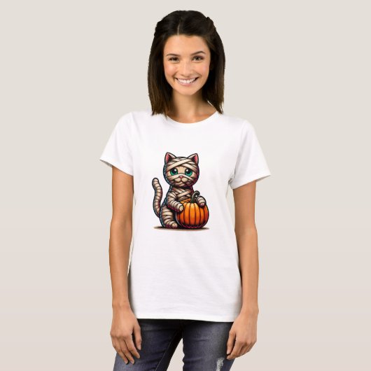 Mummy Cat Halloween T-Shirt – Schattigee kat met p (Voorkant volledig)