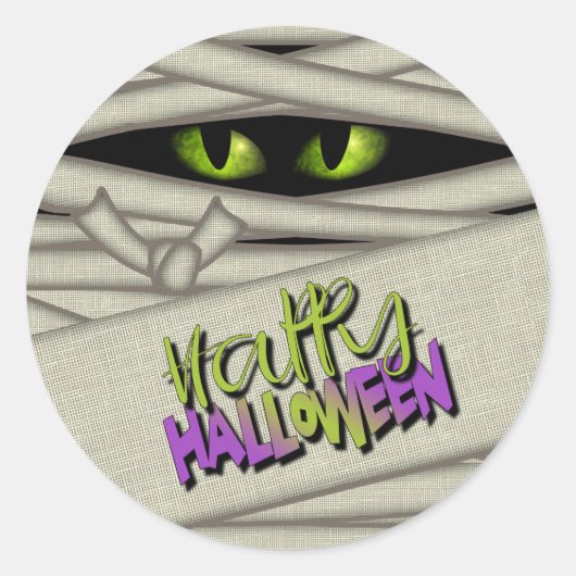 Mummy Eyes Happy Halloween Green/Paars ID685 Ronde Sticker (Voorkant)
