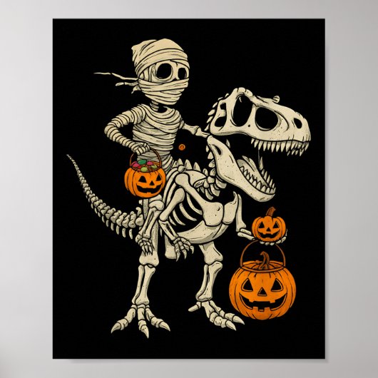Mummy Skeleton Riding Dinosaur T Rex Kinder Jongen Poster (Voorkant)